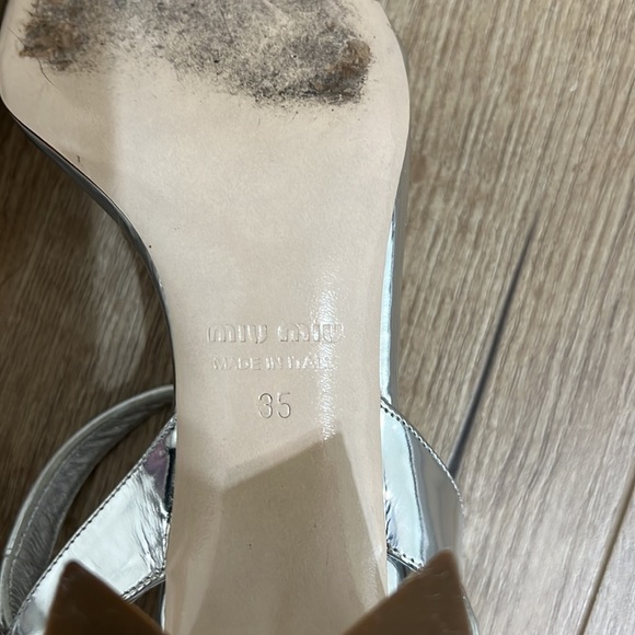 Miu Miu Metallic Silver Leather Ankle Strap Block Heel Sandals - Picture 10 of 15